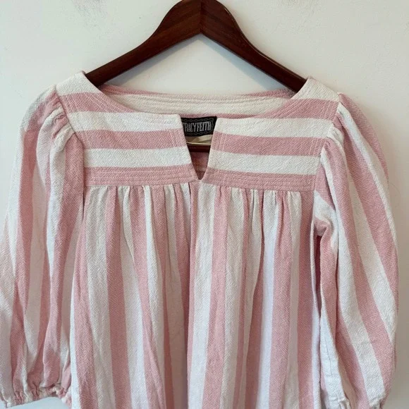 Vintage Tracy Feith Pink‎ White Striped Cotton Midi Dress Puff Sleeve Size 0 - Picture 3 of 9